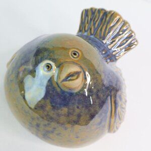 Pudgy Bird Figurine Blue Brown Glaze Shelf Decor